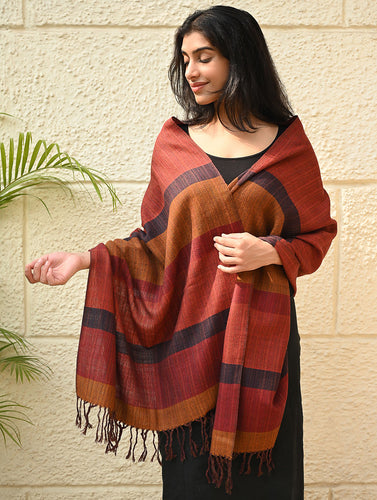 Fine, Soft Himachal Wool Self Striped Stole - Harvest Glow