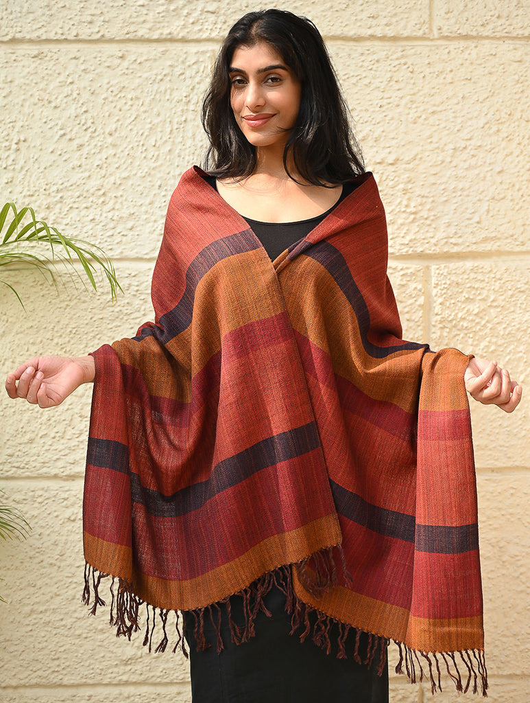 Fine, Soft Himachal Wool Self Striped Stole - Harvest Glow
