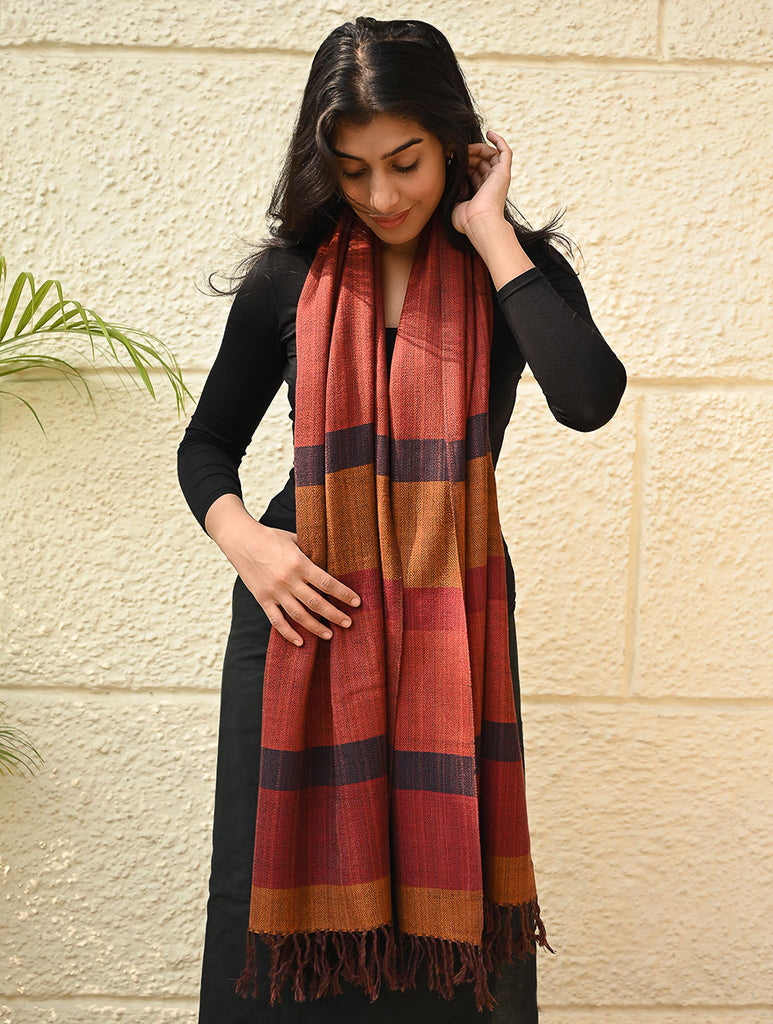 Fine, Soft Himachal Wool Self Striped Stole - Harvest Glow