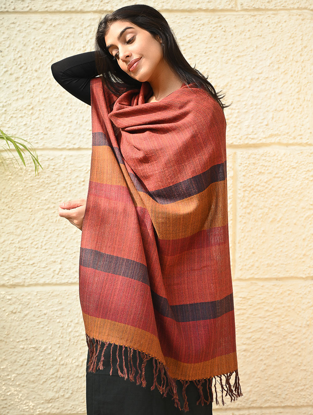 Load image into Gallery viewer, Fine, Soft Himachal Wool Self Striped Stole - Harvest Glow