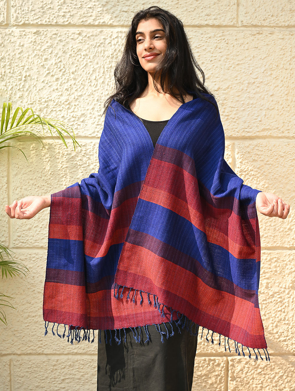 Load image into Gallery viewer, Fine, Soft Himachal Wool Self Striped Stole - Ink and Ember