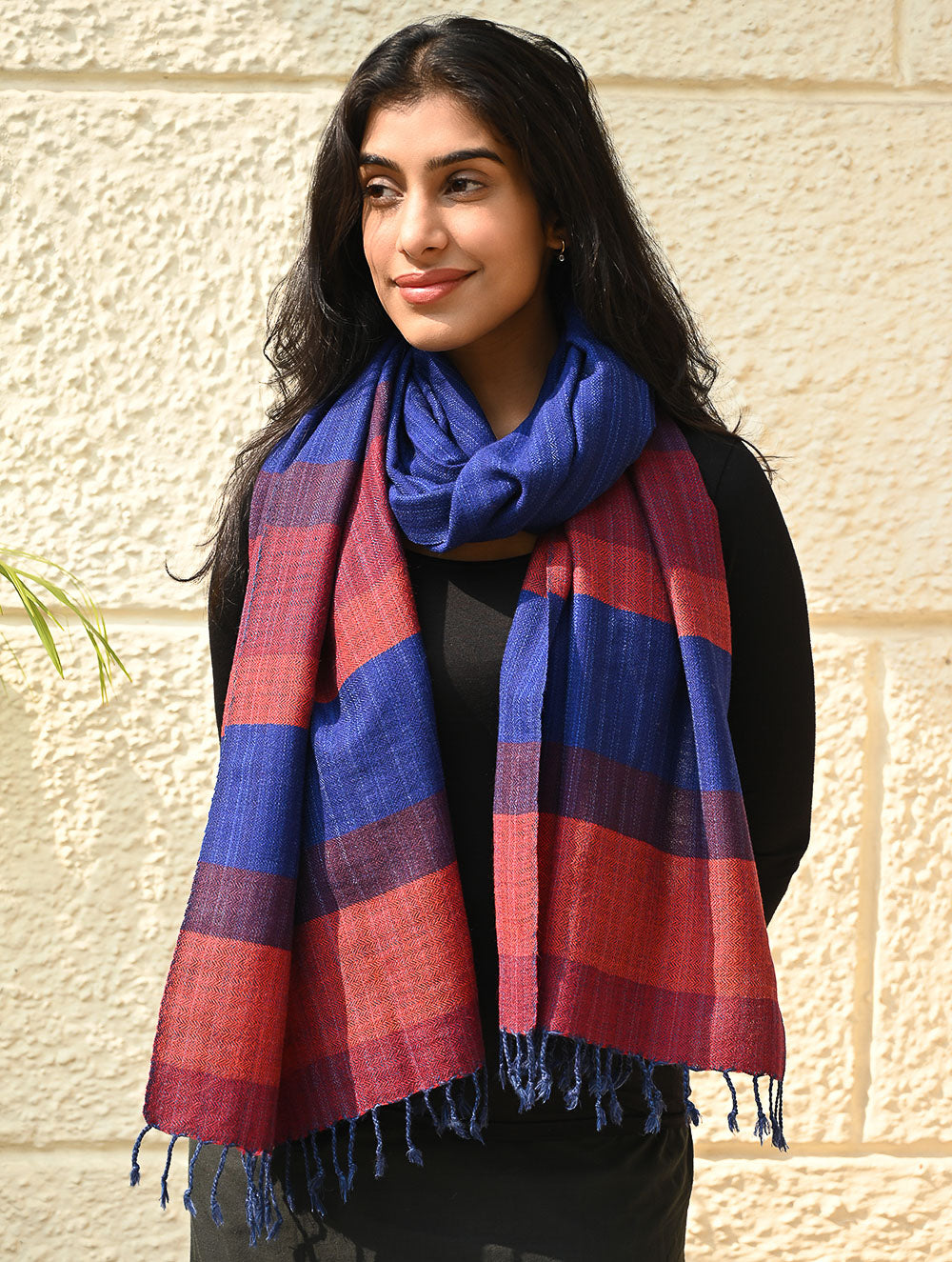 Load image into Gallery viewer, Fine, Soft Himachal Wool Self Striped Stole - Ink and Ember