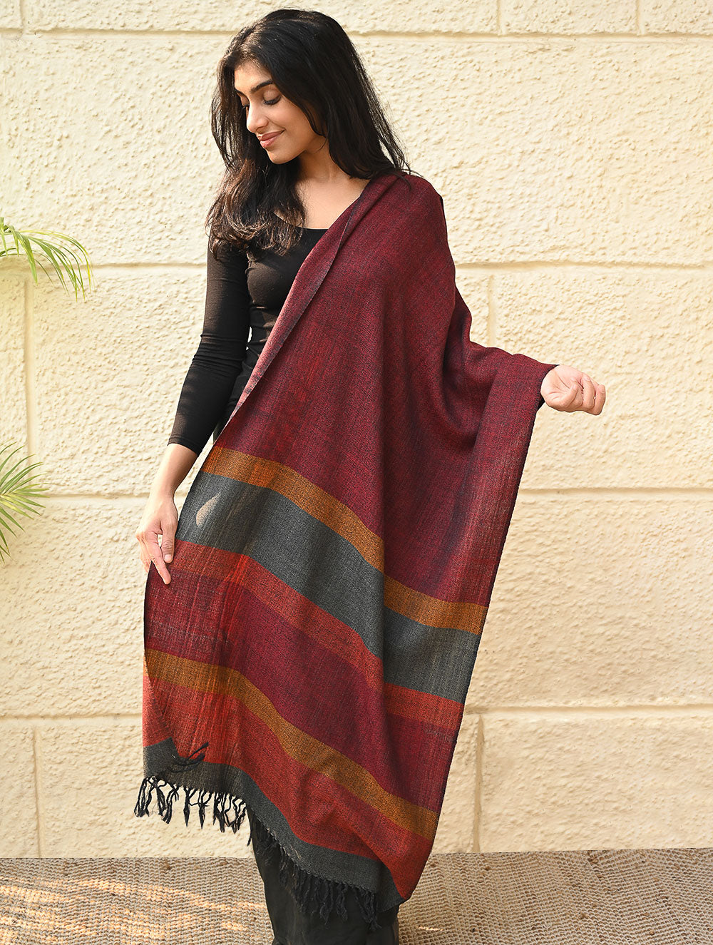 Load image into Gallery viewer, Fine, Soft Himachal Wool Self Striped Stole - Mulled Rust