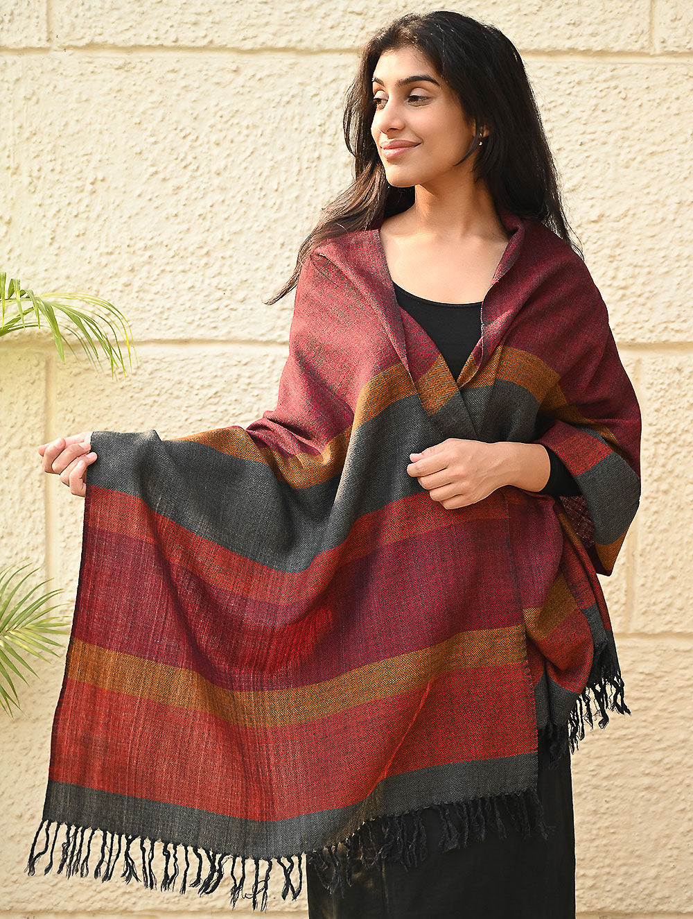 Load image into Gallery viewer, Fine, Soft Himachal Wool Self Striped Stole - Mulled Rust