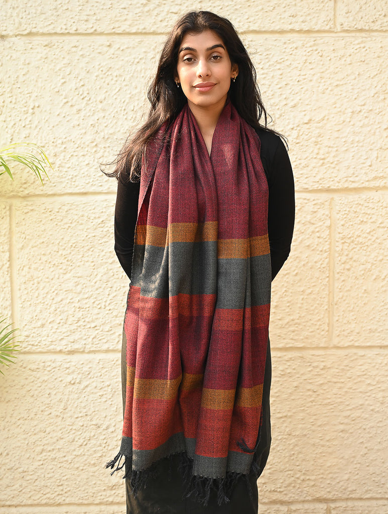 Fine, Soft Himachal Wool Self Striped Stole - Mulled Rust