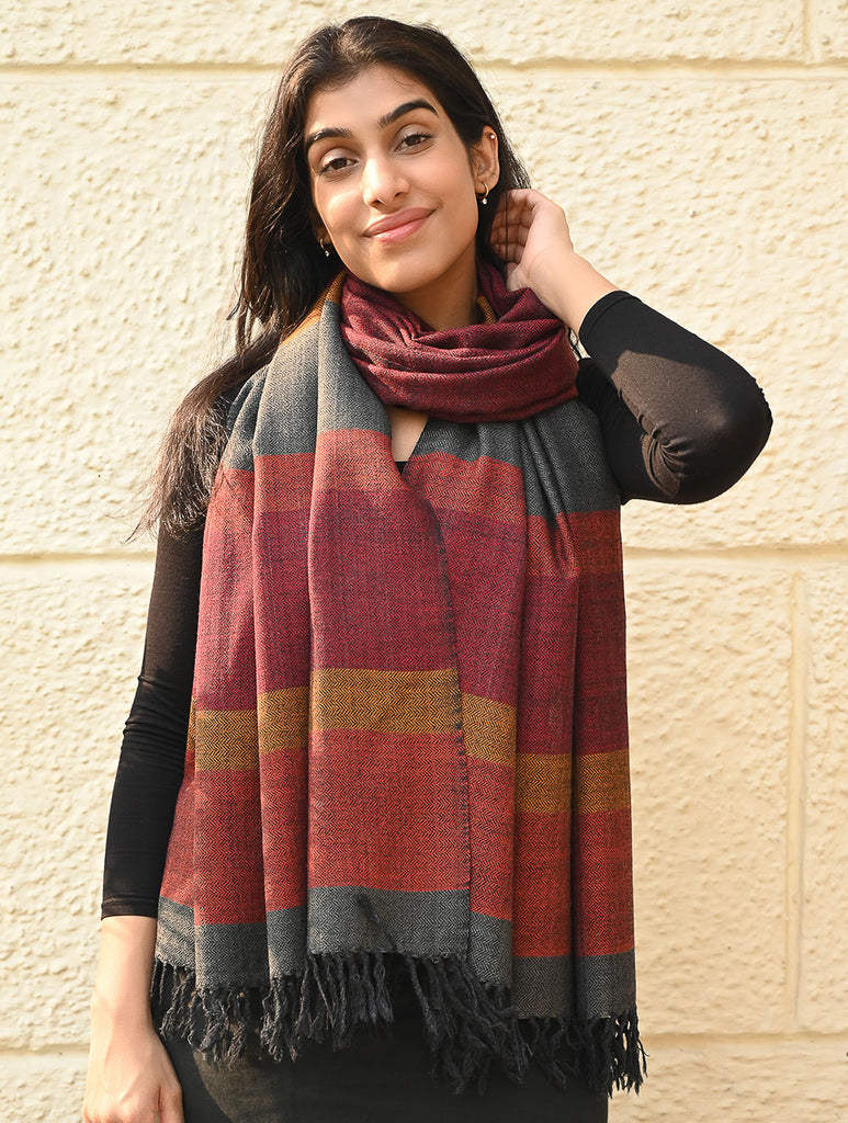 Fine, Soft Himachal Wool Self Striped Stole - Mulled Rust