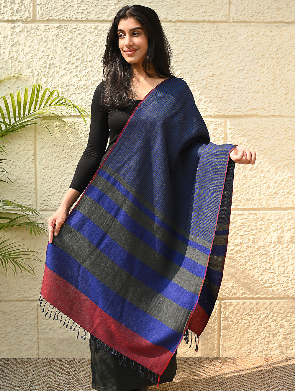 Load image into Gallery viewer, Fine, Soft Himachal Wool Self Striped Stole - Navy Glen