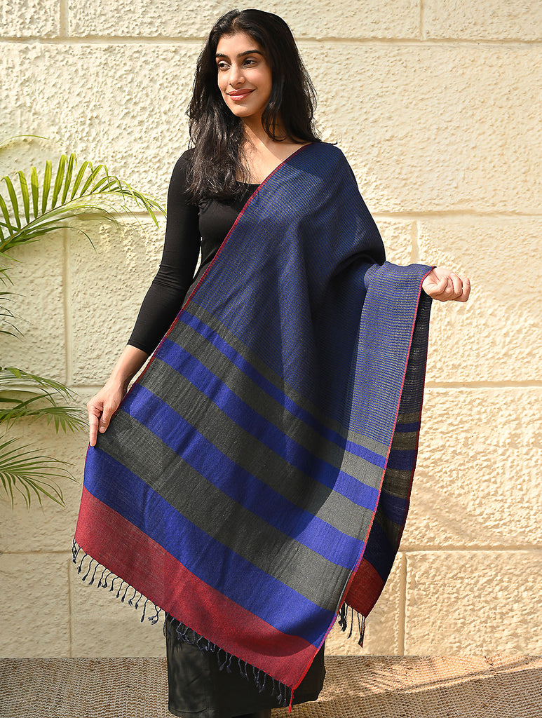 Fine, Soft Himachal Wool Self Striped Stole - Navy Glen