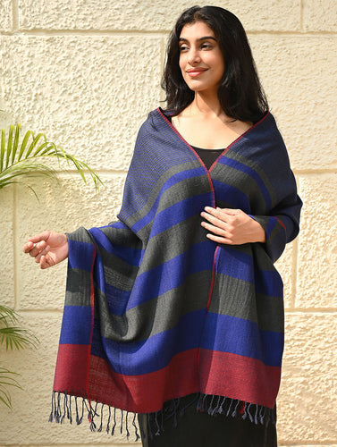 Fine, Soft Himachal Wool Self Striped Stole - Navy Glen