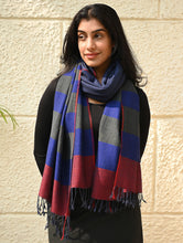 Load image into Gallery viewer, Fine, Soft Himachal Wool Self Striped Stole - Navy Glen