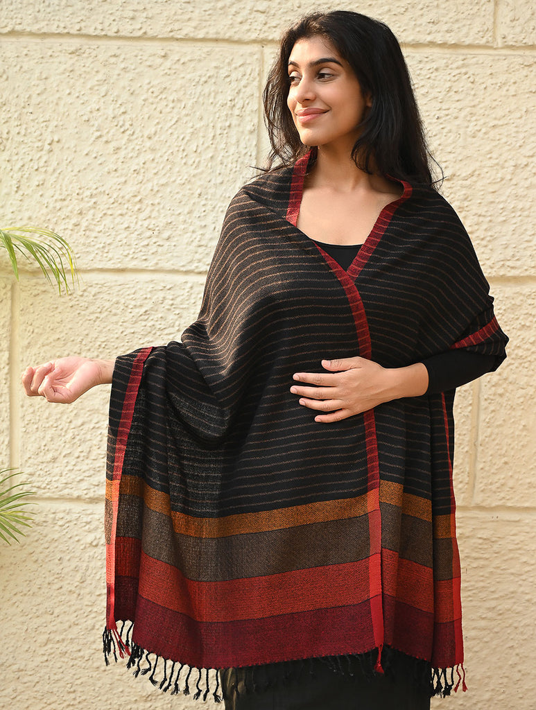 Fine, Soft Himachal Wool Self Striped Stole - Noir Stripes