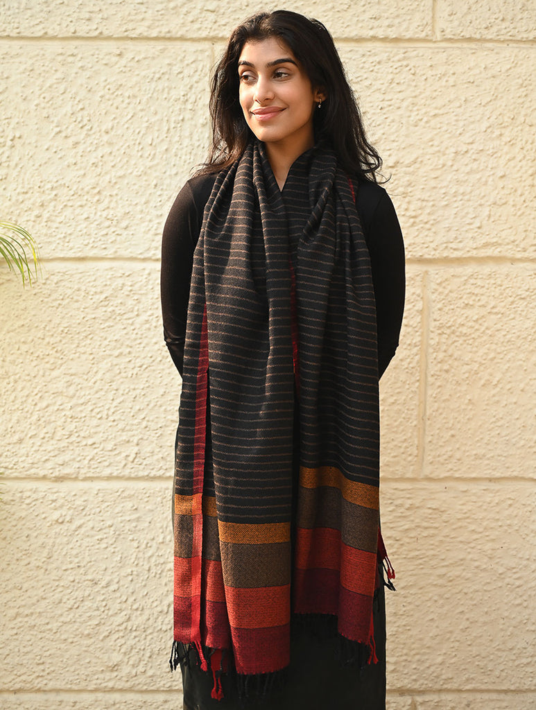 Fine, Soft Himachal Wool Self Striped Stole - Noir Stripes