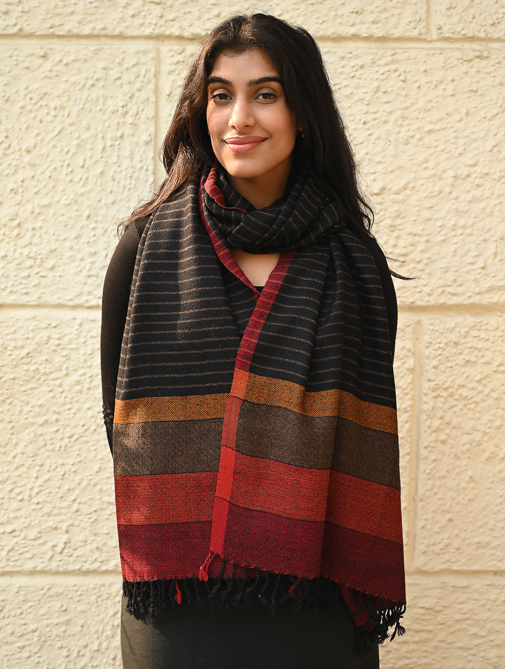 Load image into Gallery viewer, Fine, Soft Himachal Wool Self Striped Stole - Noir Stripes