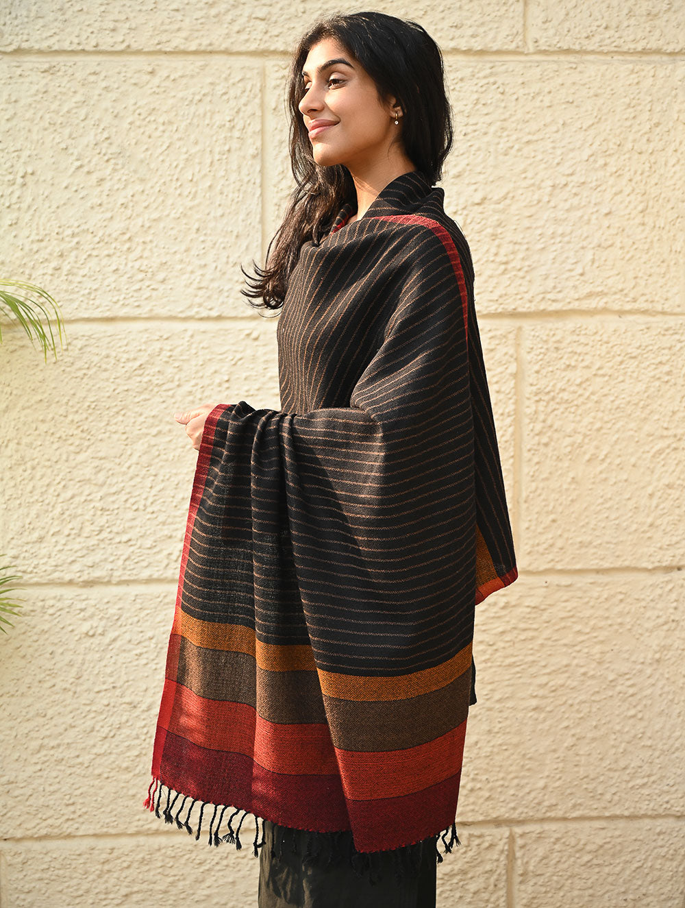 Load image into Gallery viewer, Fine, Soft Himachal Wool Self Striped Stole - Noir Stripes