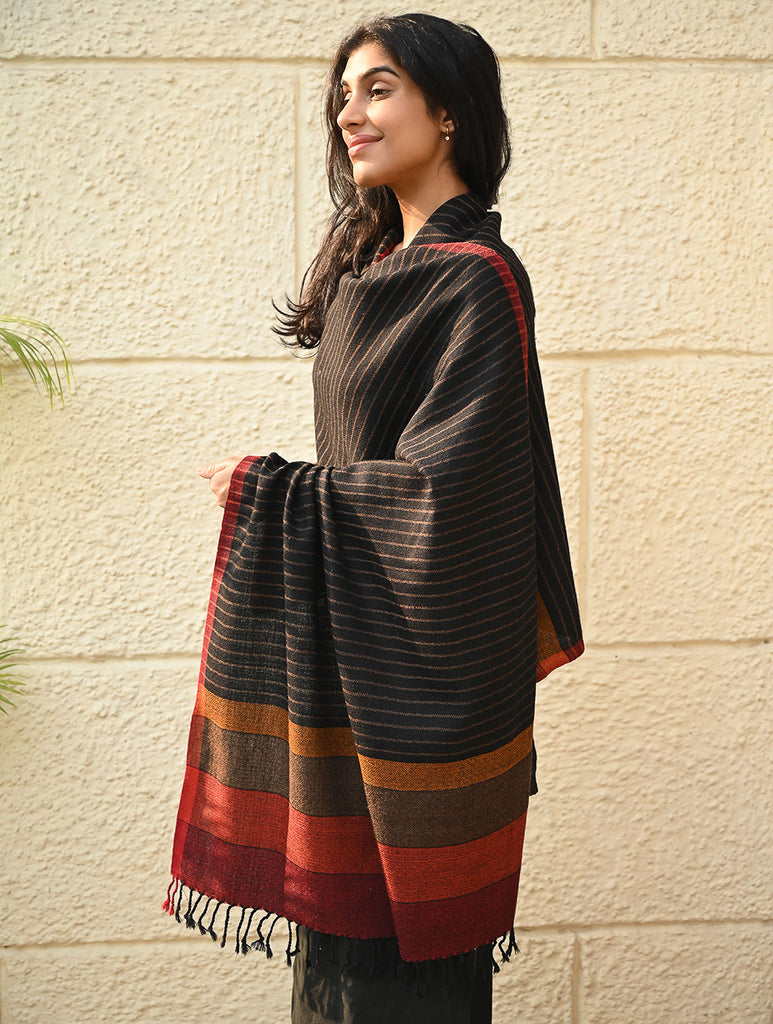 Fine, Soft Himachal Wool Self Striped Stole - Noir Stripes