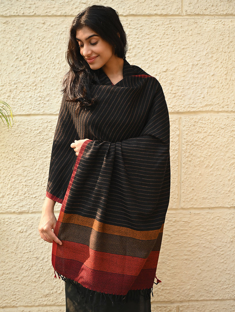 Fine, Soft Himachal Wool Self Striped Stole - Noir Stripes