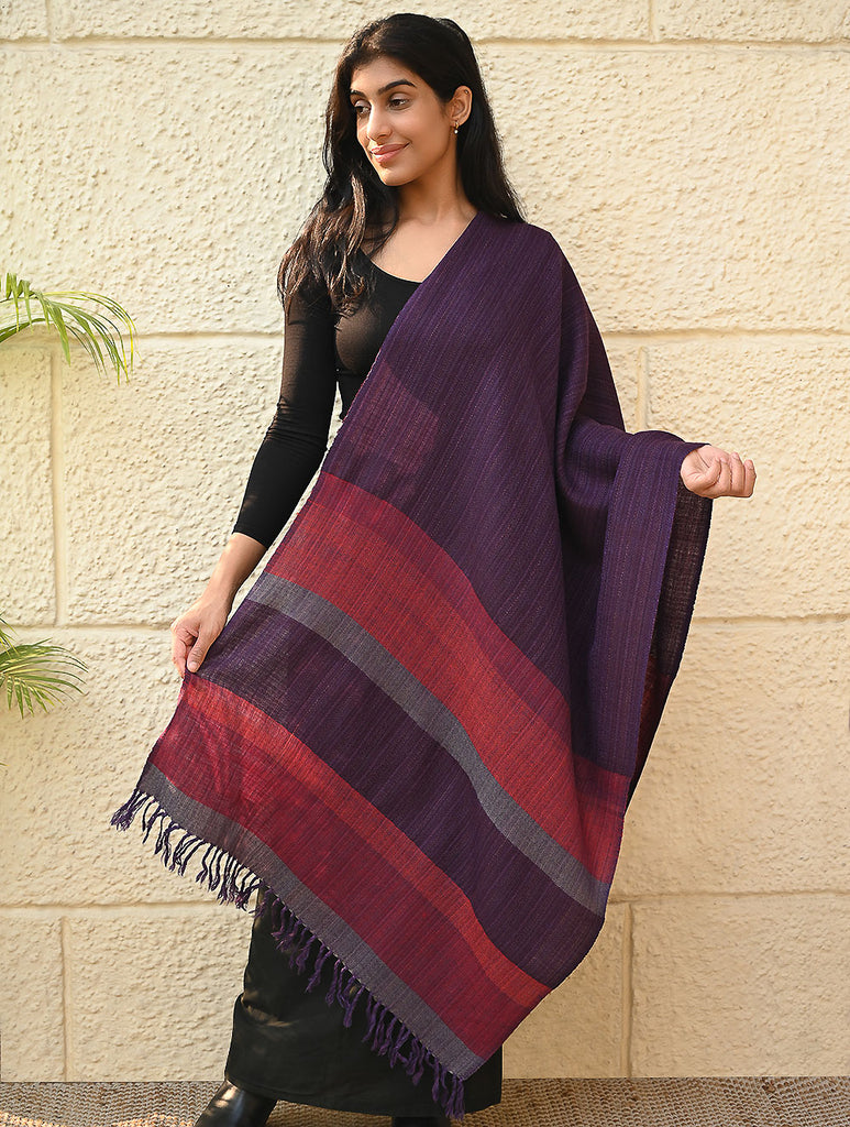 Fine, Soft Himachal Wool Self Striped Stole - Sakura Sky