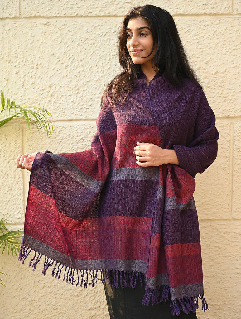 Fine, Soft Himachal Wool Self Striped Stole - Sakura Sky