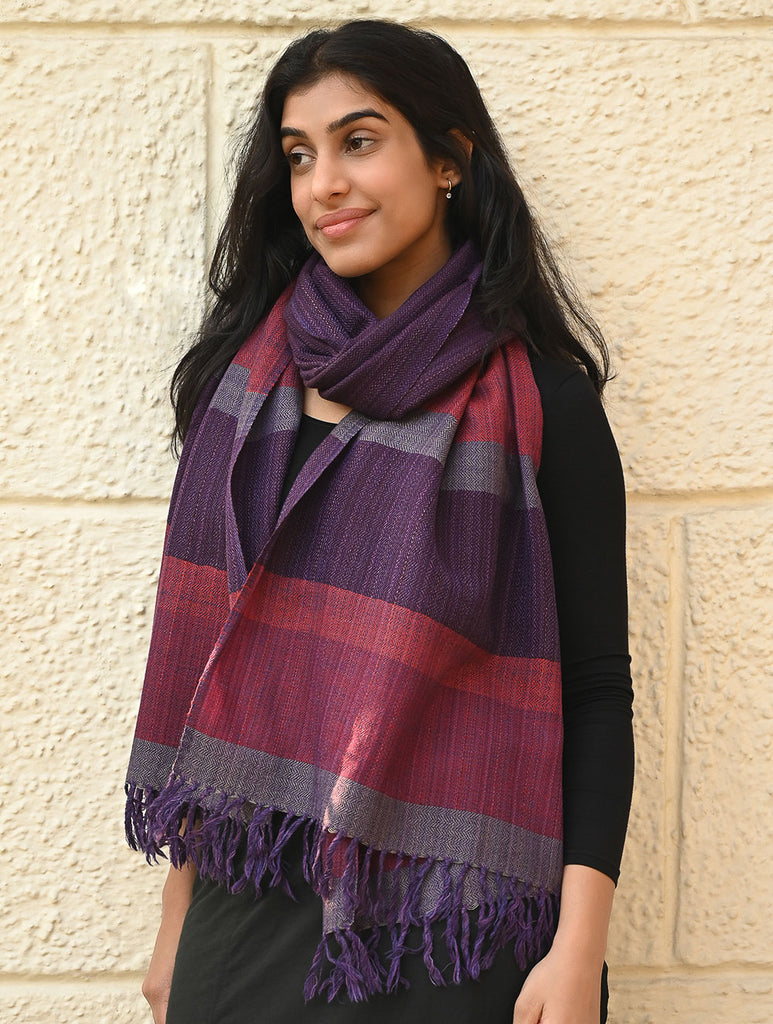 Fine, Soft Himachal Wool Self Striped Stole - Sakura Sky