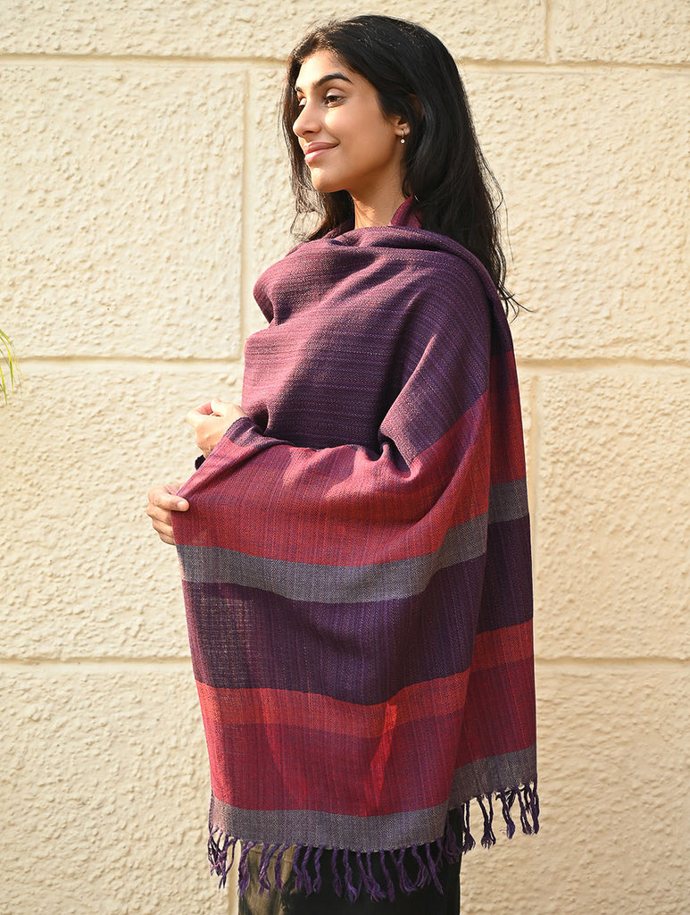Fine, Soft Himachal Wool Self Striped Stole - Sakura Sky