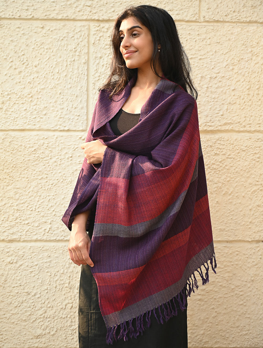 Load image into Gallery viewer, Fine, Soft Himachal Wool Self Striped Stole - Sakura Sky