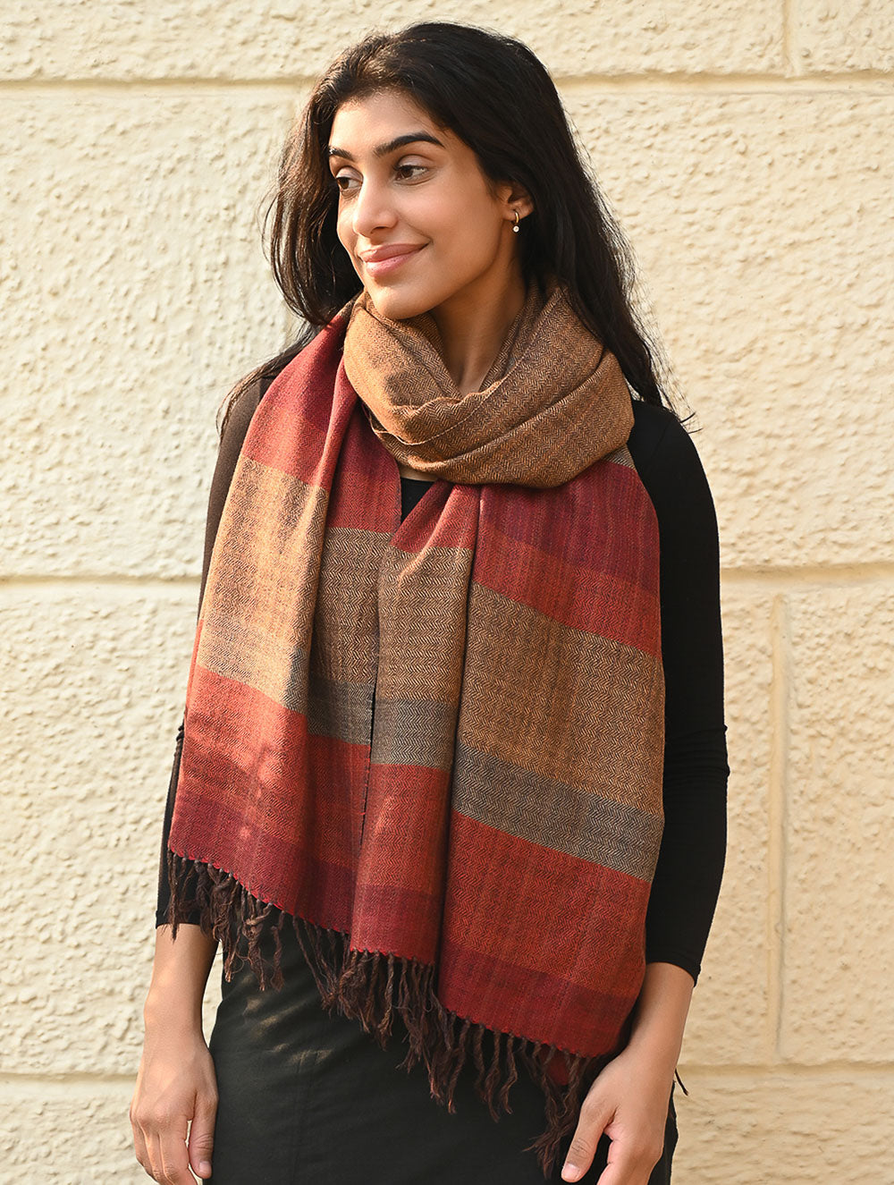 Load image into Gallery viewer, Fine, Soft Himachal Wool Self Striped Stole - Sandalwood Grove