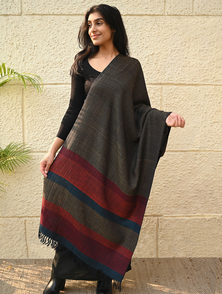 Fine, Soft Himachal Wool Self Striped Stole - Woody Mist