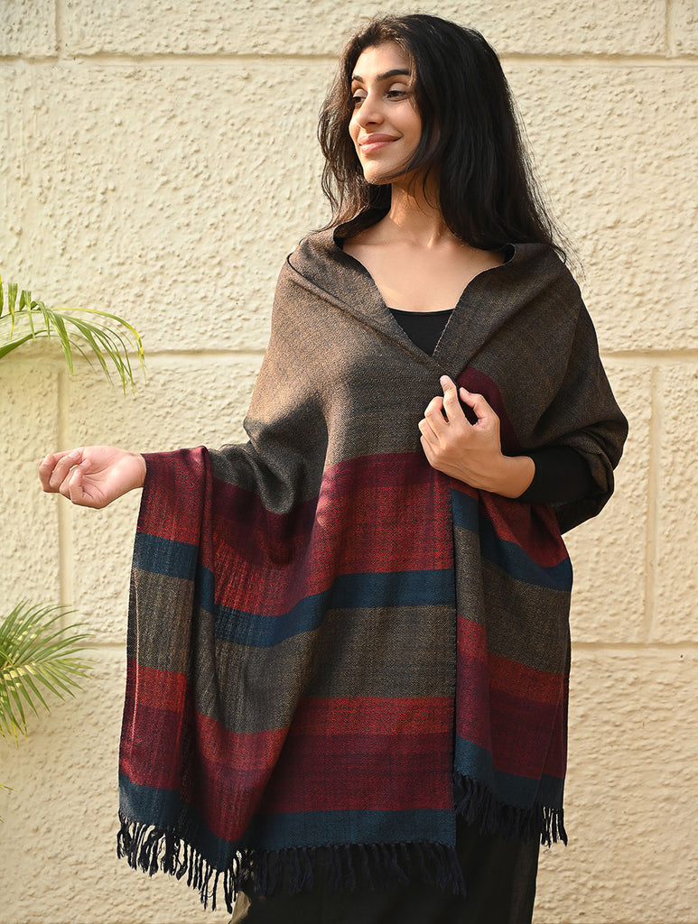 Fine, Soft Himachal Wool Self Striped Stole - Woody Mist