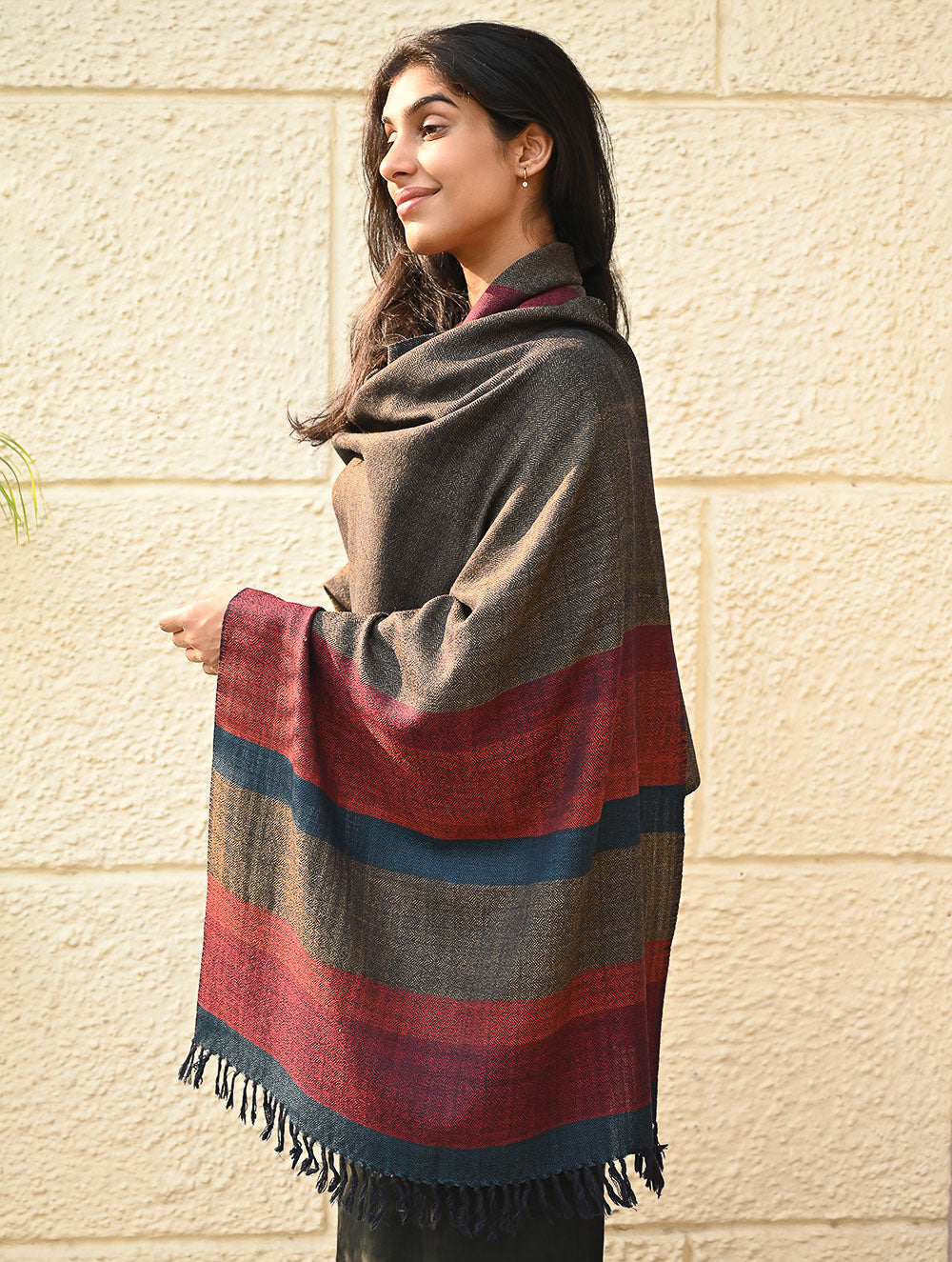 Load image into Gallery viewer, Fine, Soft Himachal Wool Self Striped Stole - Woody Mist