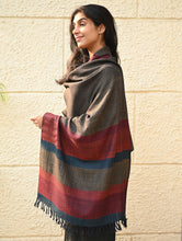 Load image into Gallery viewer, Fine, Soft Himachal Wool Self Striped Stole - Woody Mist
