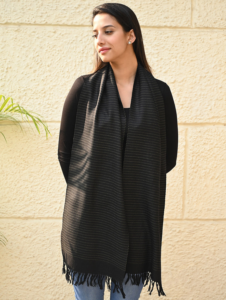 Fine, Soft Himachal Wool Striped Muffler - Iron Mist