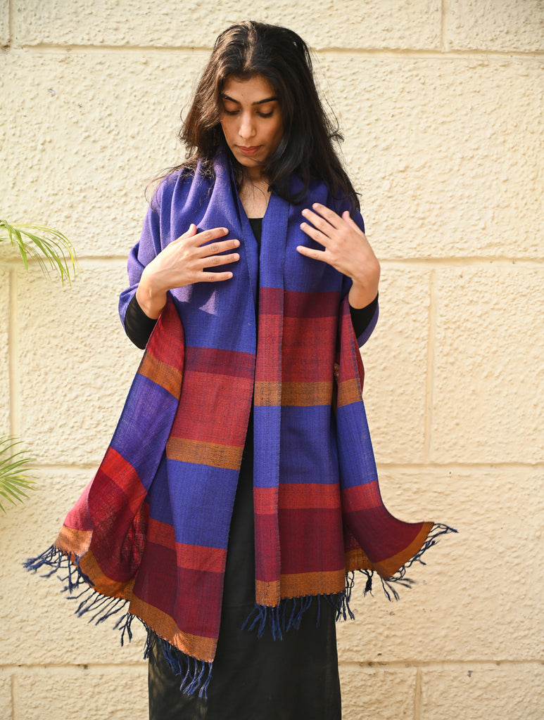 Fine, Soft Himachal Wool Striped Stole - Royal Blue and Multicolored