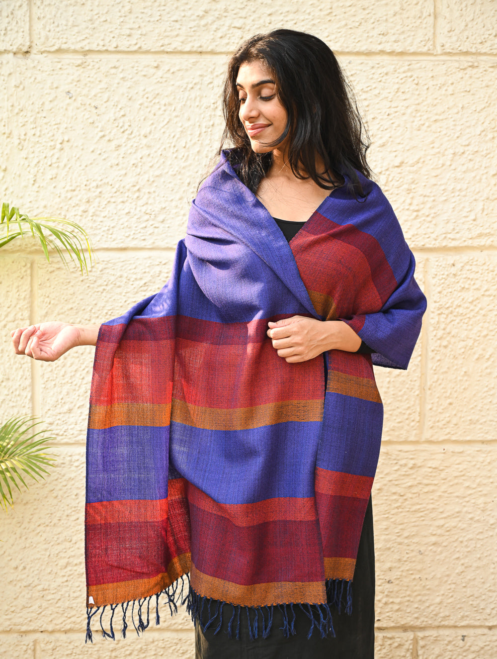 Load image into Gallery viewer, Fine, Soft Himachal Wool Striped Stole - Royal Blue and Multicolored