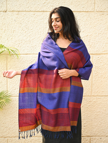 Fine, Soft Himachal Wool Striped Stole - Royal Blue and Multicolored