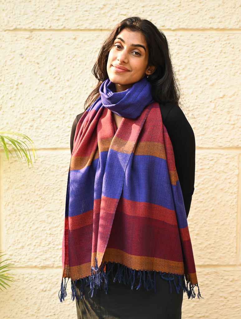 Fine, Soft Himachal Wool Striped Stole - Royal Blue and Multicolored