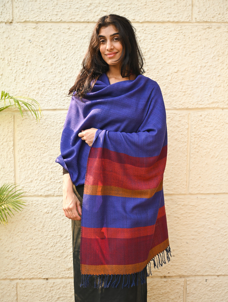 Fine, Soft Himachal Wool Striped Stole - Royal Blue and Multicolored