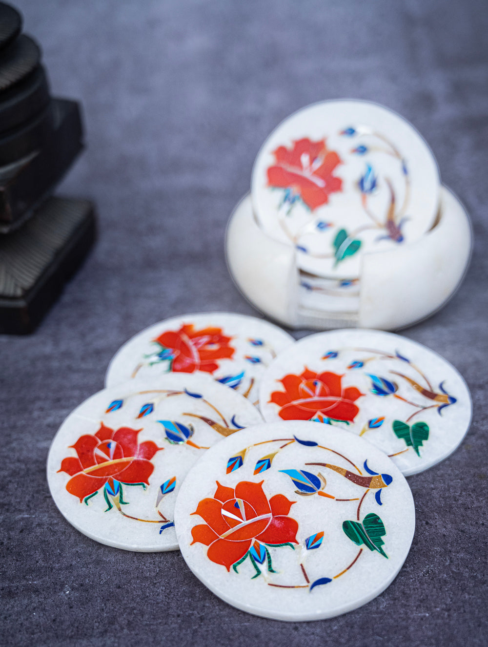Floral Tapestry Marble Inlay Coasters