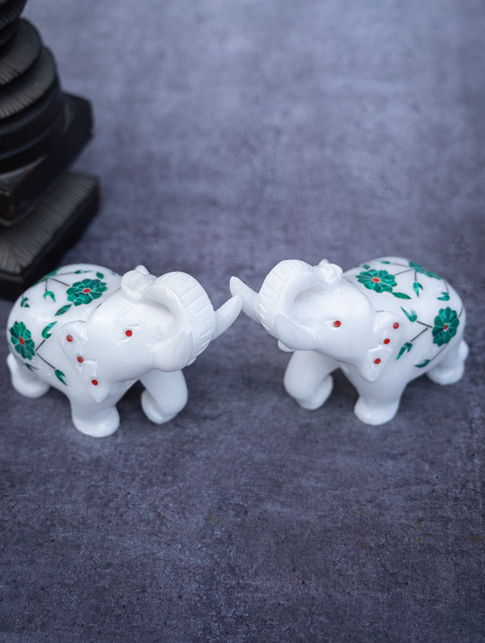 Floral Tapestry Marble Inlay Elephant Curio