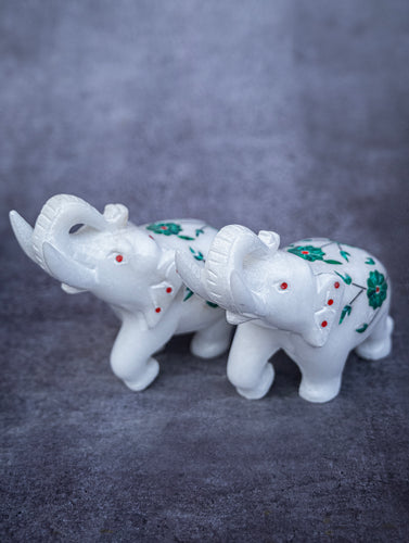 Floral Tapestry Marble Inlay Elephant Curio