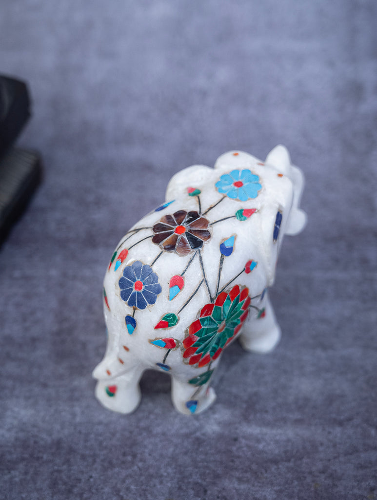 Floral Tapestry Marble Inlay Elephant Curio
