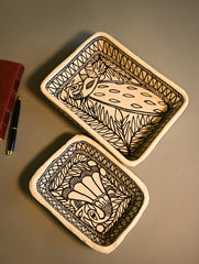 Hand Rendered Madhubani Papier Mache Organiser Trays - Mayur Joda (Set of Two)