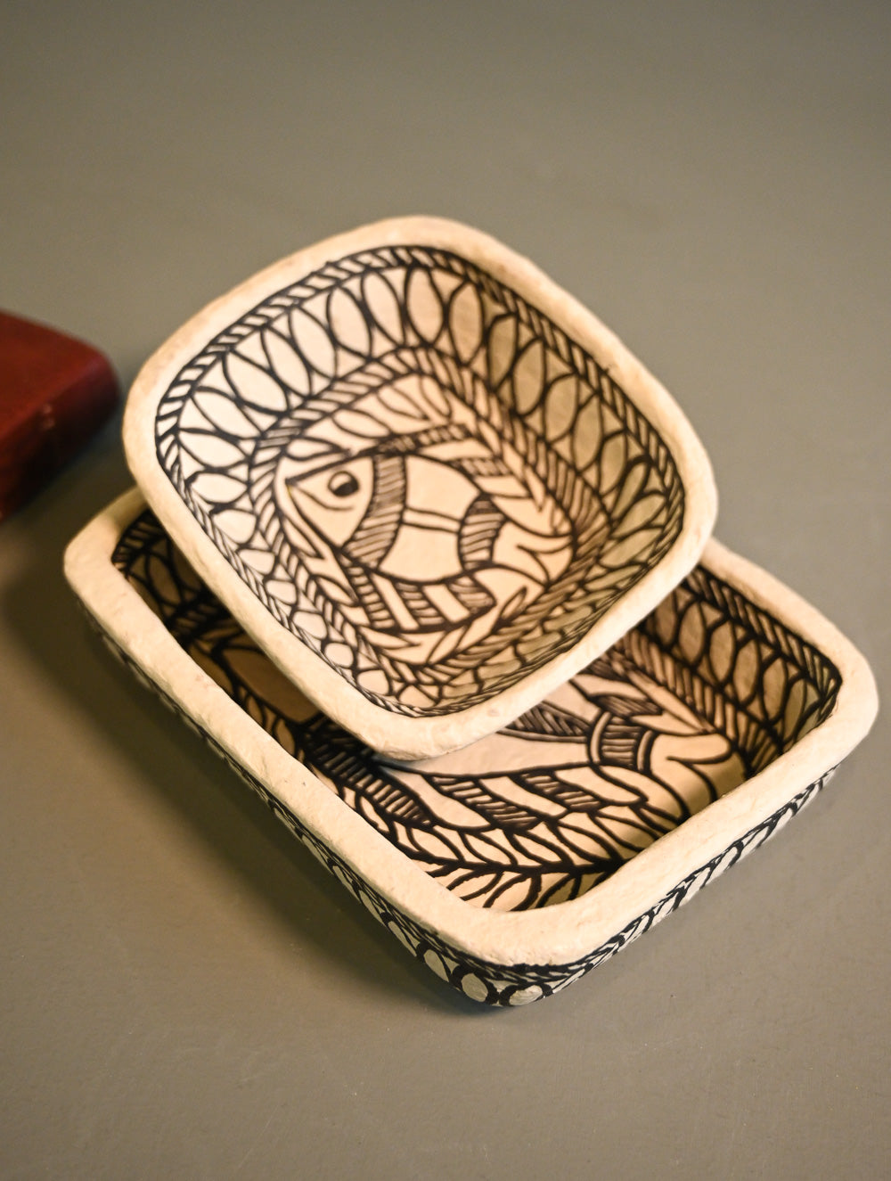 Hand Rendered Madhubani Papier Mache Organiser Trays - Aquarium (Set of Two)