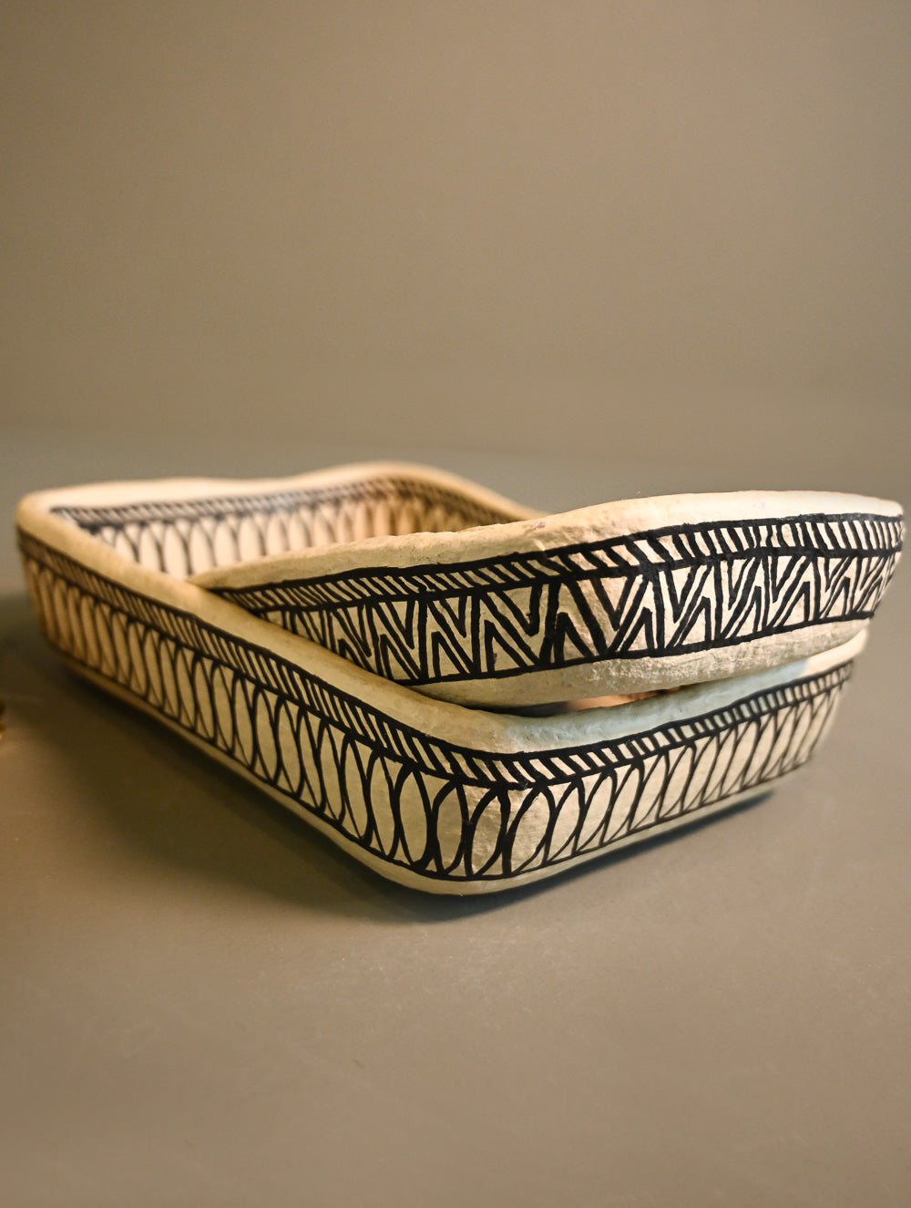 Hand Rendered Madhubani Papier Mache Organiser Trays - Kamal Jaal (Set of Two)