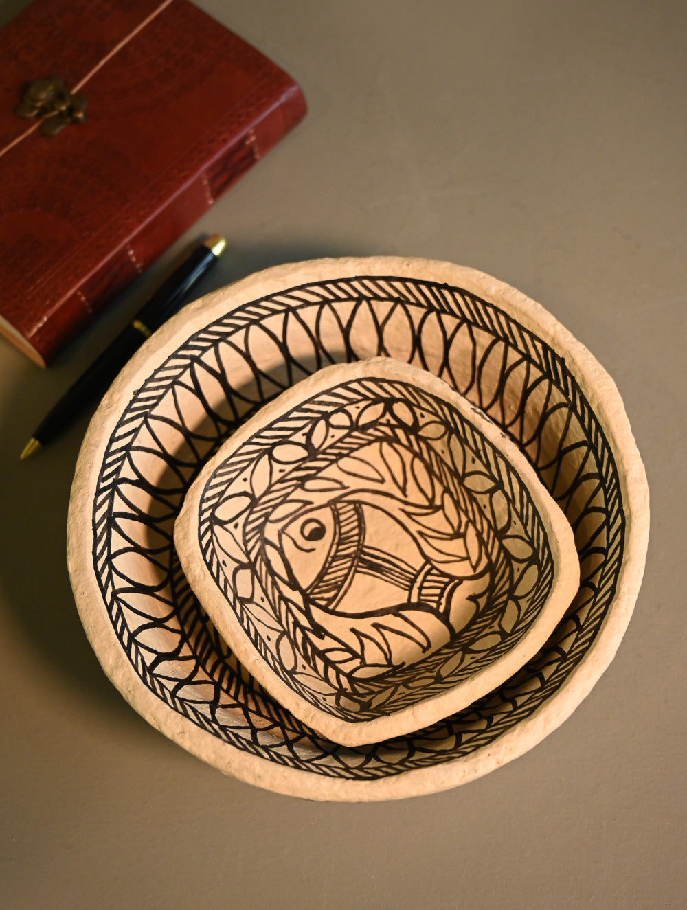 Hand Rendered Madhubani Papier Mache Organiser Trays - Piscine Pond (Set of Two) 