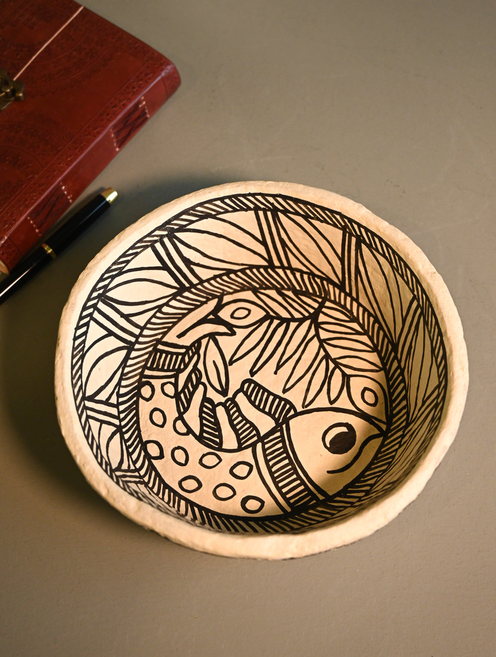 Hand Rendered Madhubani Papier Mache Organiser Tray - Wise Fish