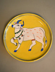 Pichwai Inspired Jaipur Blue Pottery Decorative Plate - Mustard Glaze