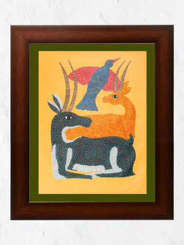 Gond Art Painting - Deer & Birds (Extra Large, 48
