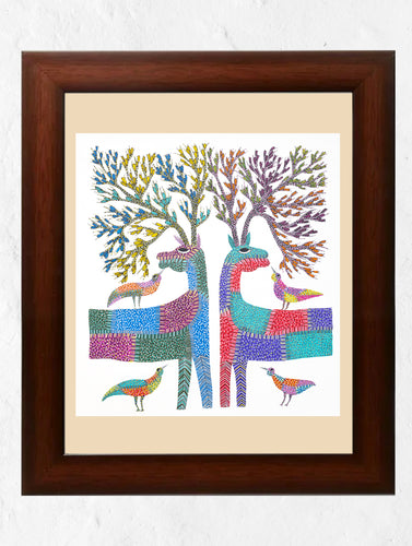 Gond Art Painting - The Deer & Birds (Large, 36