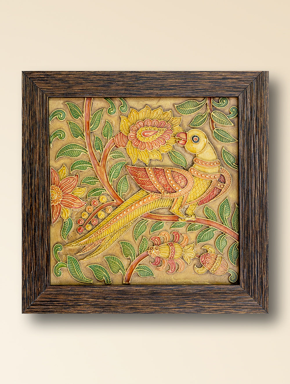 Hand-rendered Stone Dust Painting - Golden Parrot (Framed 9" x 9")