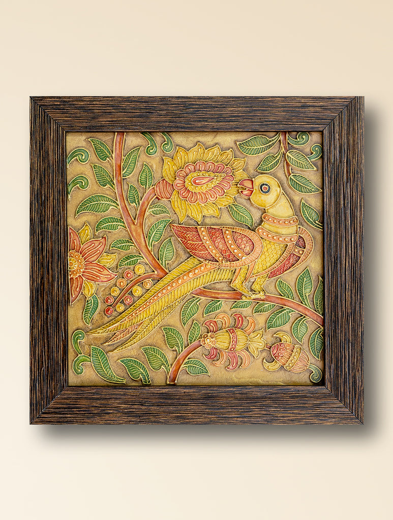 Hand-rendered Stone Dust Painting - Golden Parrot (Framed 9" x 9")